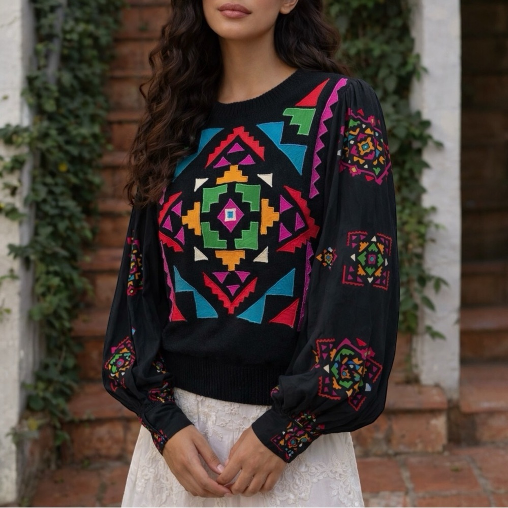 VINTAGE 90s ANNE CRIMMINS Geometric Appliqué Sweater Southwestern Sweater Blouse